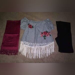 Gingham Fringe Top with Floral Embroidery And Pants